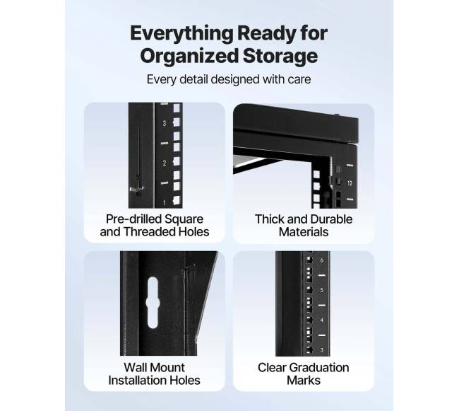 12U sieninis serverių stovas, 68 kg talpumas, atviras rėmas4