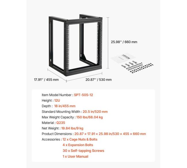 12U sieninis serverių stovas, 68 kg talpumas, atviras rėmas6