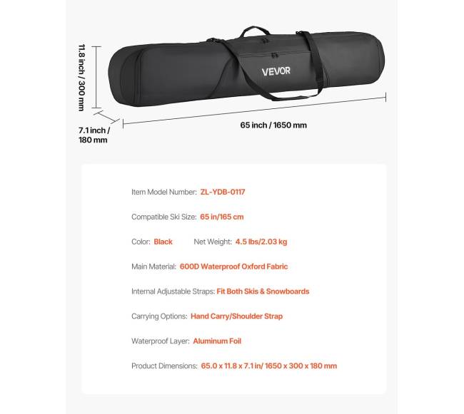 Vandeniui atsparus 165 cm snieglenčių krepšys6