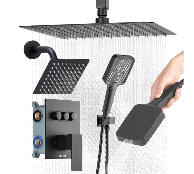 Matinė juoda dušo sistema su lietaus efektu0