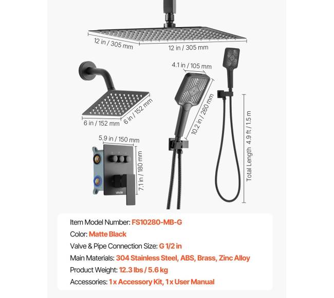 Matinė juoda dušo sistema su lietaus efektu6