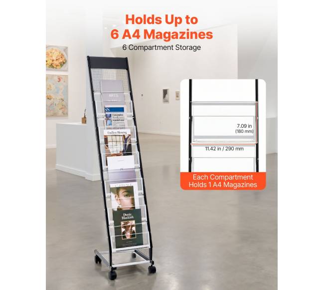 Brošiūrų stovas su ratais, 6 lentynos1