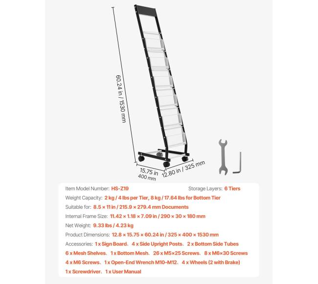 Brošiūrų stovas su ratais, 6 lentynos6