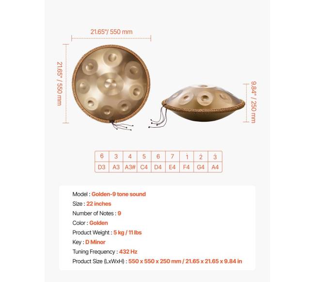 Plieno rankų būgnas, 56 cm, 9 natų6