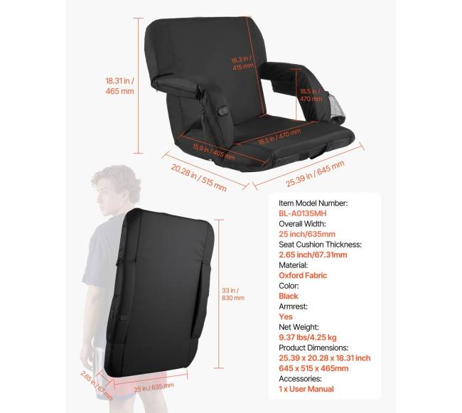 Šildoma stadiono kėdė, 63.5 cm su 4 kišenėmis6