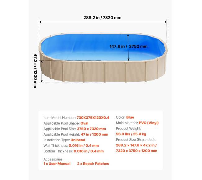 Ovalinis baseino įklotas, 375 x 732 cm6