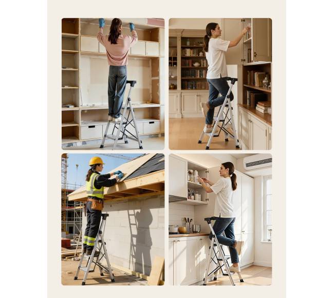 3 pakopų sulankstomos kopėčios su plačiais pedalais6