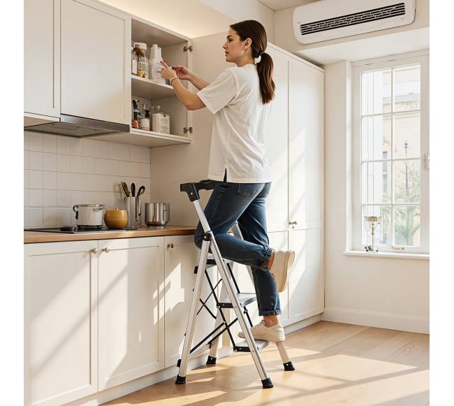 3 pakopų sulankstomos kopėčios su plačiais pedalais7