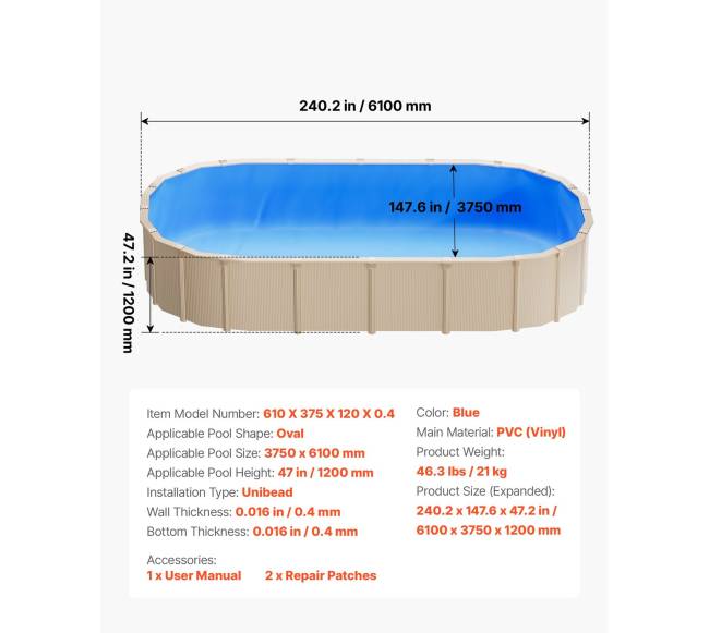 Ovalus baseino įdėklas, 375 x 610 cm, mėlynas6