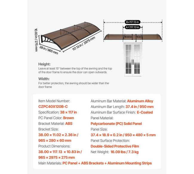 Lauko durų stogelis, 96 x 297 cm, apsauga nuo lietaus ir saulės6