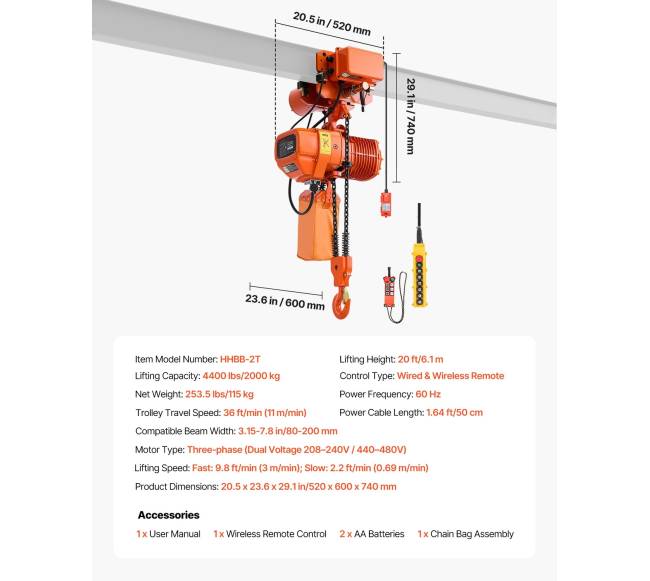 2000 kg elektrinis grandinės keltuvas, 6,1 m aukštis6