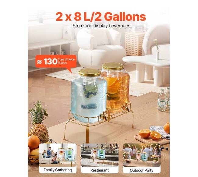Gėrimų dozatorius vakarėliams, 8L stiklinis su stovu1