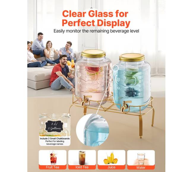 Gėrimų dozatorius vakarėliams, 8L stiklinis su stovu3