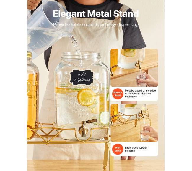 Gėrimų dozatorius vakarėliams, 8L stiklinis su stovu4