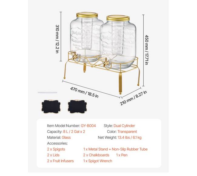Gėrimų dozatorius vakarėliams, 8L stiklinis su stovu6