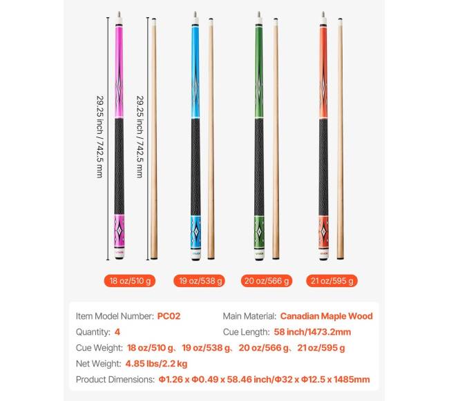 Kanadietiško klevo biliardo lazdos, 4 dalių6