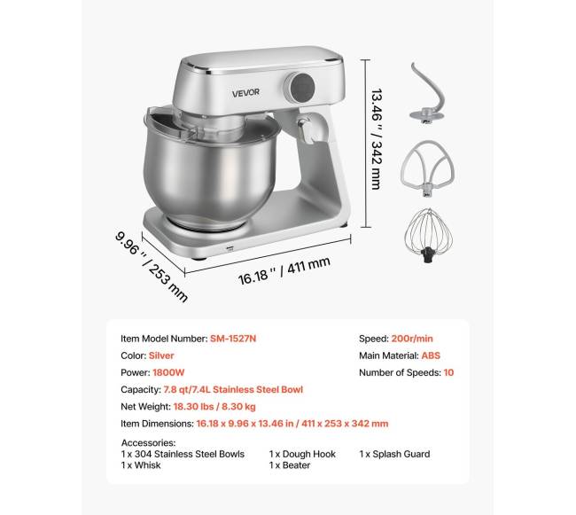 Elektrinė virtuvinė tešlos maišyklė 7,4 L, 1800W6