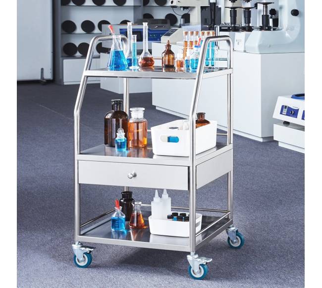 nerūdijančio plieno laboratorijos vežimėlis su 3 lentynomis7