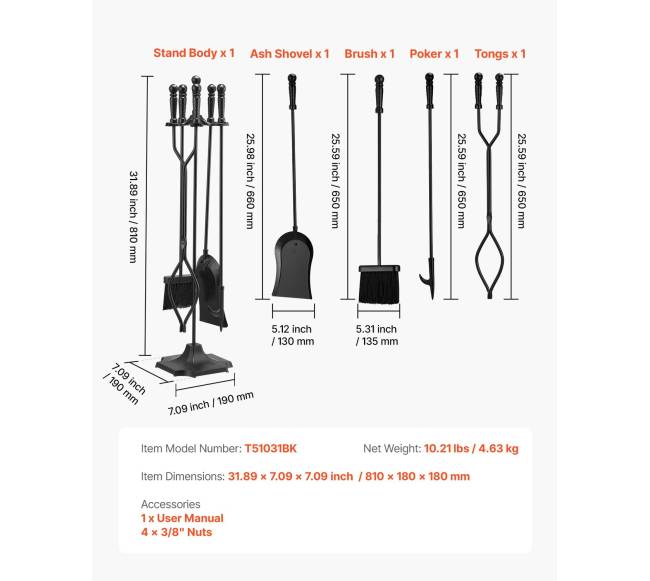 Ugnies vietos įrankių komplektas 5 vnt.6