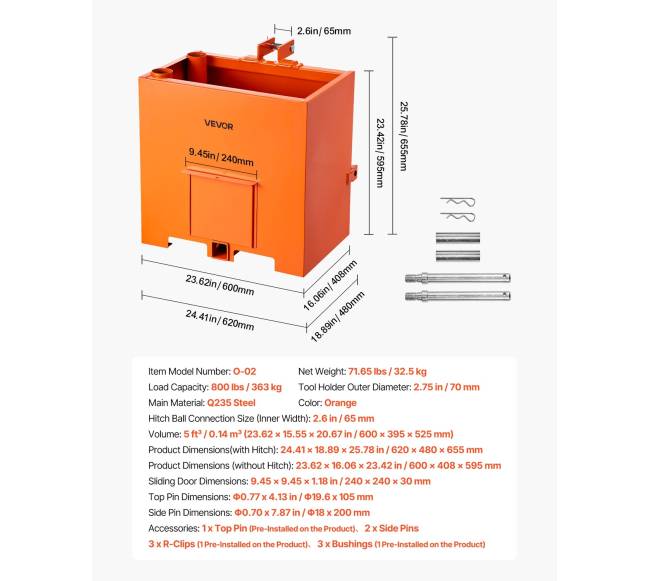 Traktoriaus balastinė dėžė, 3 taškų, 363 kg, oranžinė6