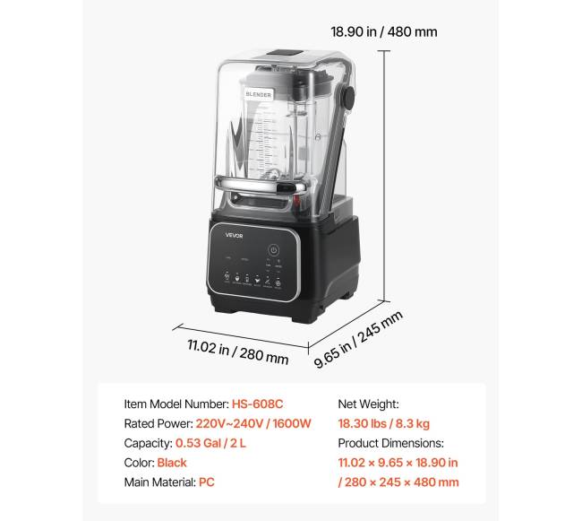 Virtuvinis blenderis su ekranu 2L, 2200W, juodas6