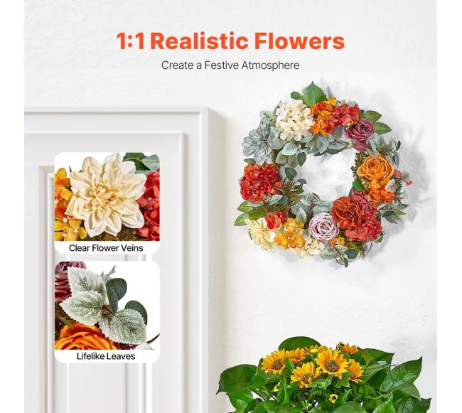 Dirbtinis vainikas 60 cm su hydrangeomis ir rožėmis1