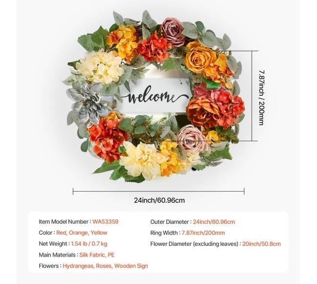 Dirbtinis vainikas 60 cm su hydrangeomis ir rožėmis6