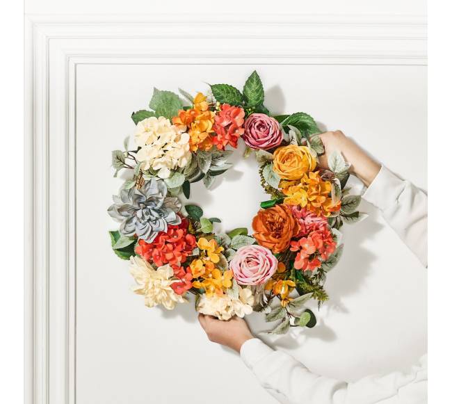 Dirbtinis vainikas 60 cm su hydrangeomis ir rožėmis7