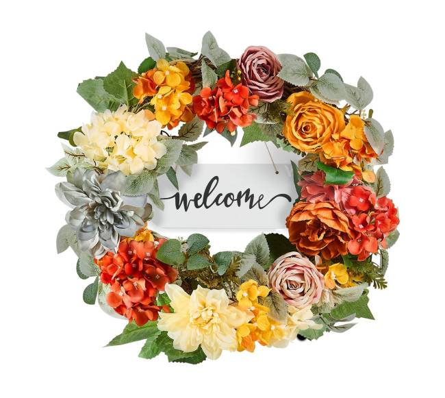 Dirbtinis vainikas 60 cm su hydrangeomis ir rožėmis8