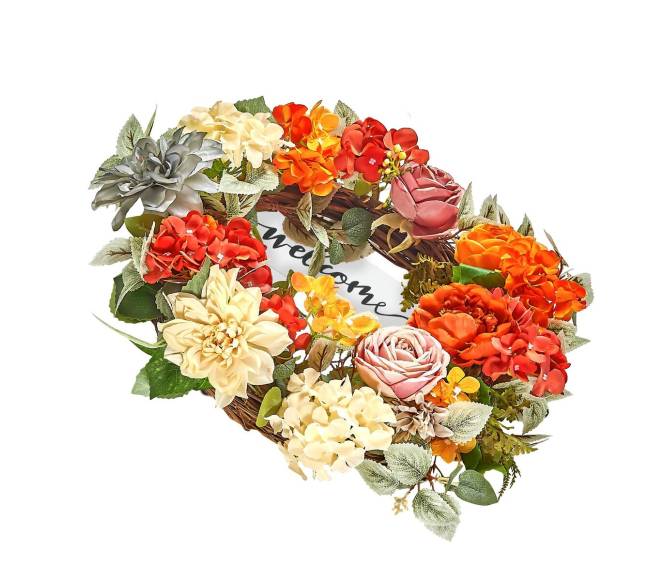 Dirbtinis vainikas 60 cm su hydrangeomis ir rožėmis10