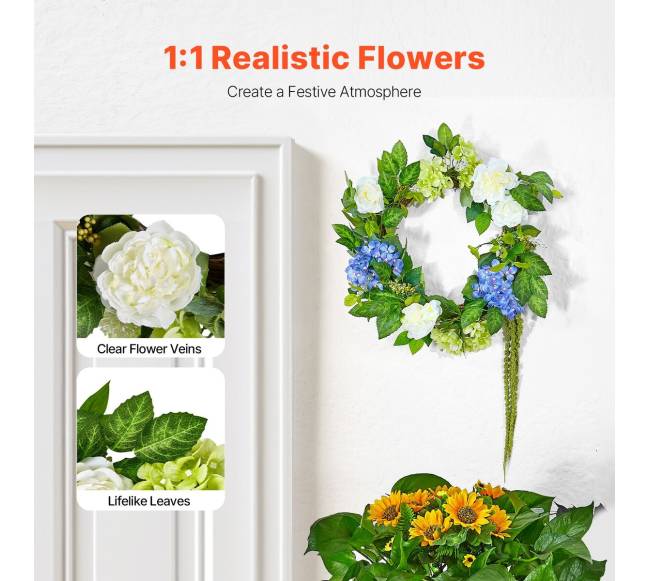 Dirbtinis dekoratyvinis vainikas su hortenzijomis ir rožėmis1