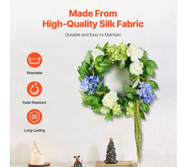 Dirbtinis dekoratyvinis vainikas su hortenzijomis ir rožėmis2