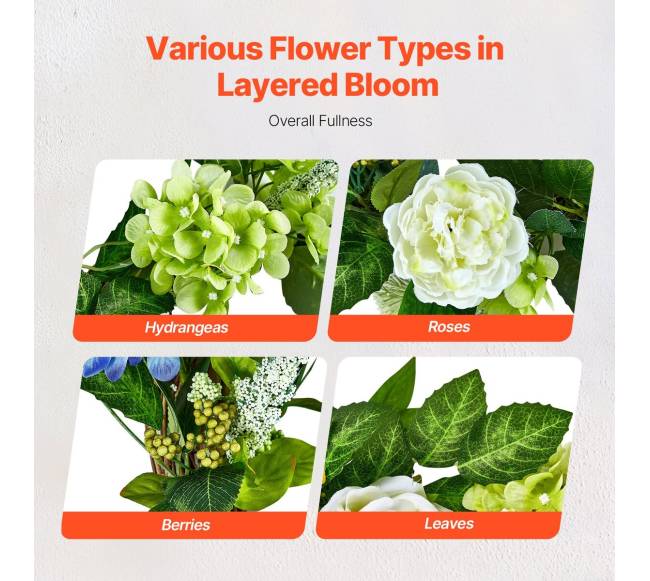 Dirbtinis dekoratyvinis vainikas su hortenzijomis ir rožėmis3