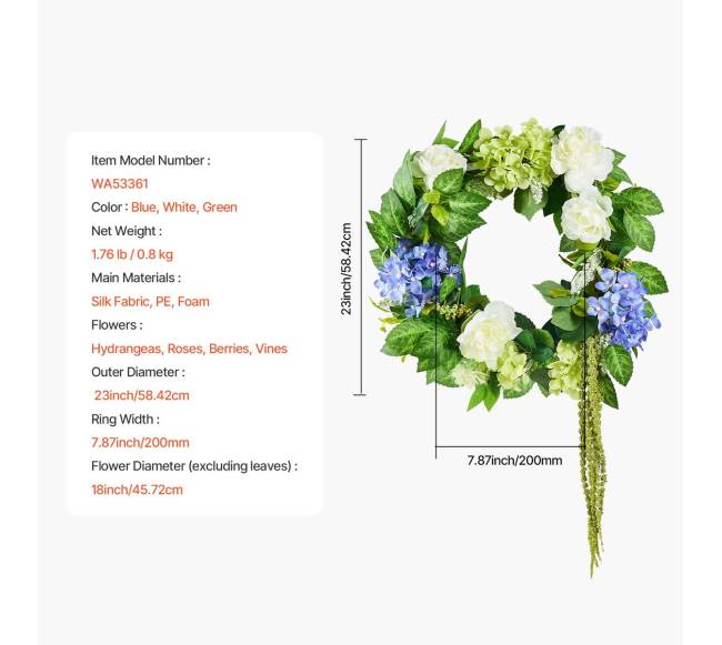 Dirbtinis dekoratyvinis vainikas su hortenzijomis ir rožėmis6