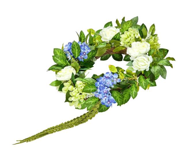 Dirbtinis dekoratyvinis vainikas su hortenzijomis ir rožėmis9