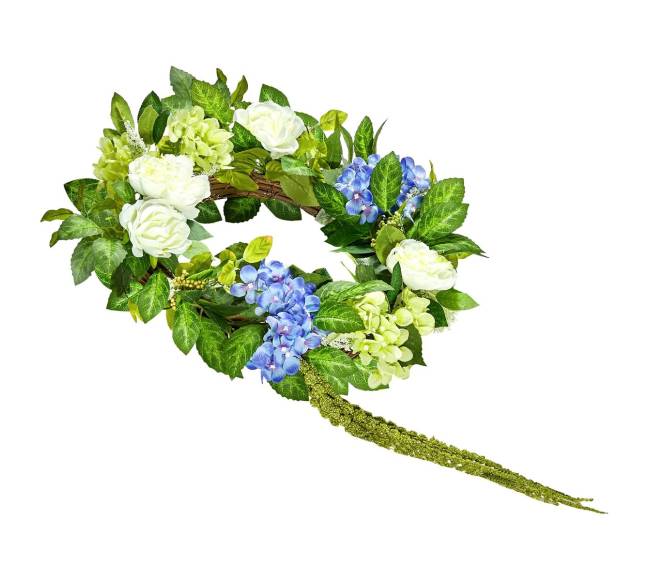Dirbtinis dekoratyvinis vainikas su hortenzijomis ir rožėmis10