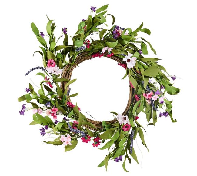 Dirbtinis dekoratyvinis 55 cm vainikas su gėlių žiedais0