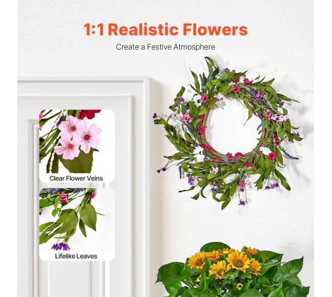 Dirbtinis dekoratyvinis 55 cm vainikas su gėlių žiedais1