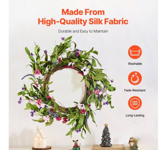 Dirbtinis dekoratyvinis 55 cm vainikas su gėlių žiedais2