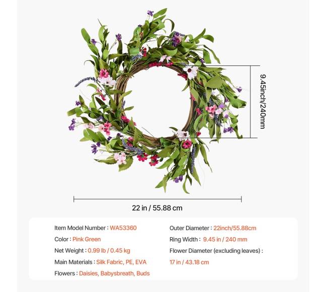 Dirbtinis dekoratyvinis 55 cm vainikas su gėlių žiedais6