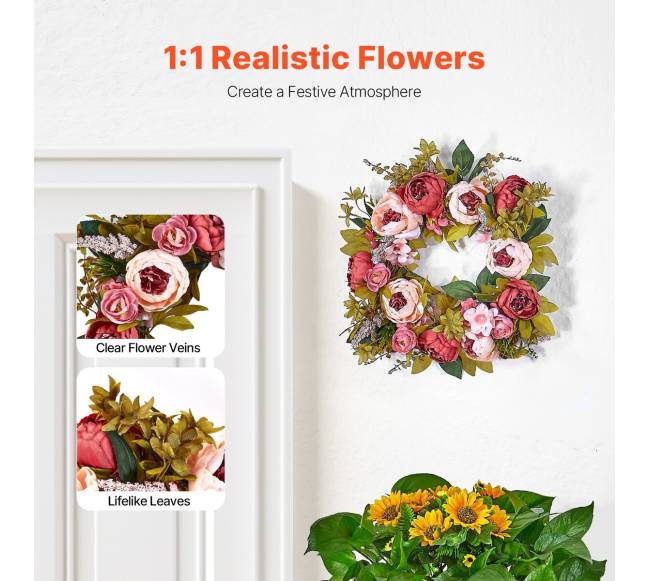 Dirbtinis dekoratyvinis vainikas su rožinėmis gėlėmis1