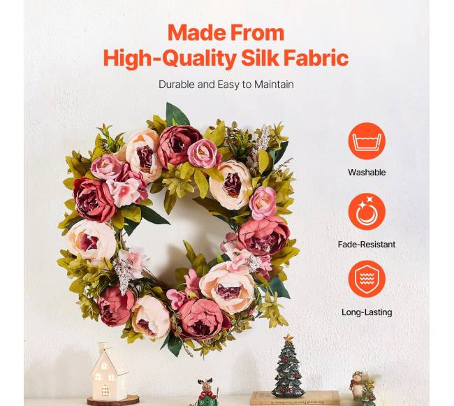 Dirbtinis dekoratyvinis vainikas su rožinėmis gėlėmis2