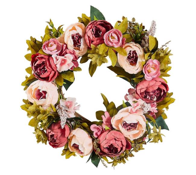 Dirbtinis dekoratyvinis vainikas su rožinėmis gėlėmis8