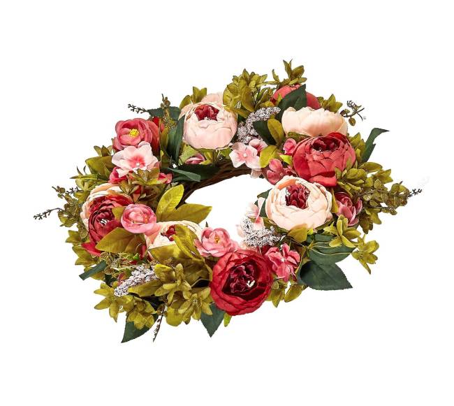 Dirbtinis dekoratyvinis vainikas su rožinėmis gėlėmis9