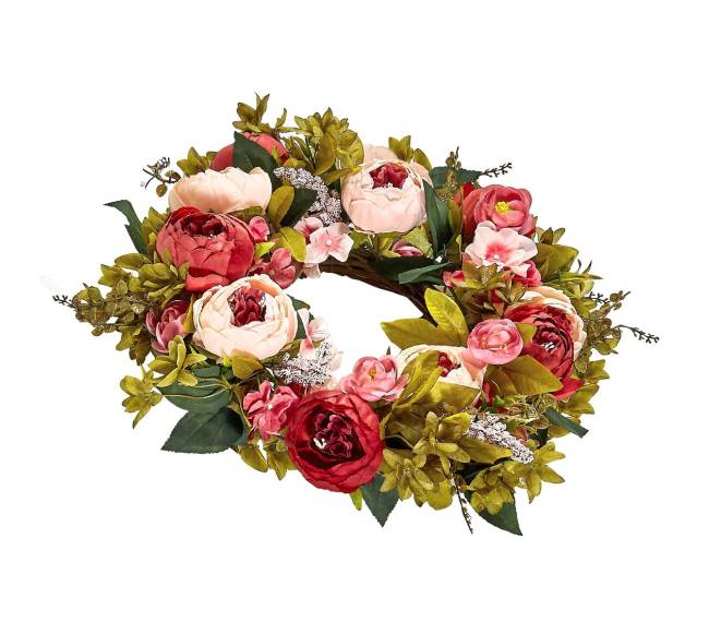 Dirbtinis dekoratyvinis vainikas su rožinėmis gėlėmis10