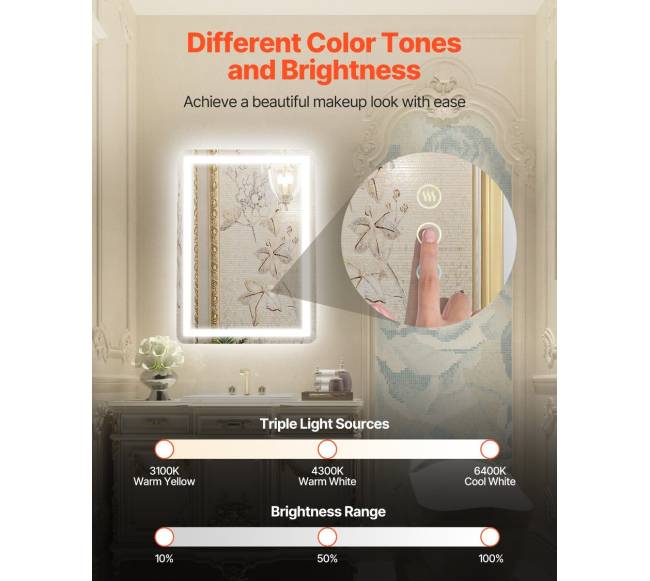 LED vonios veidrodis su trimis spalvomis ir antirūko funkcija 50 x 70 cm1