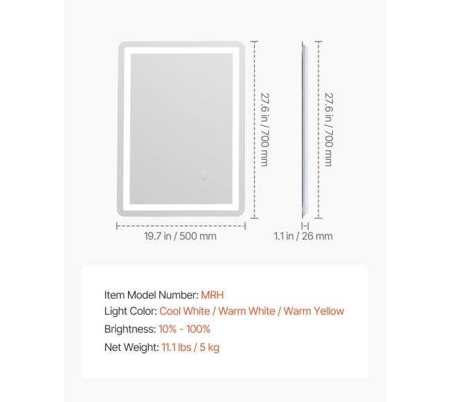 LED vonios veidrodis su trimis spalvomis ir antirūko funkcija 50 x 70 cm6