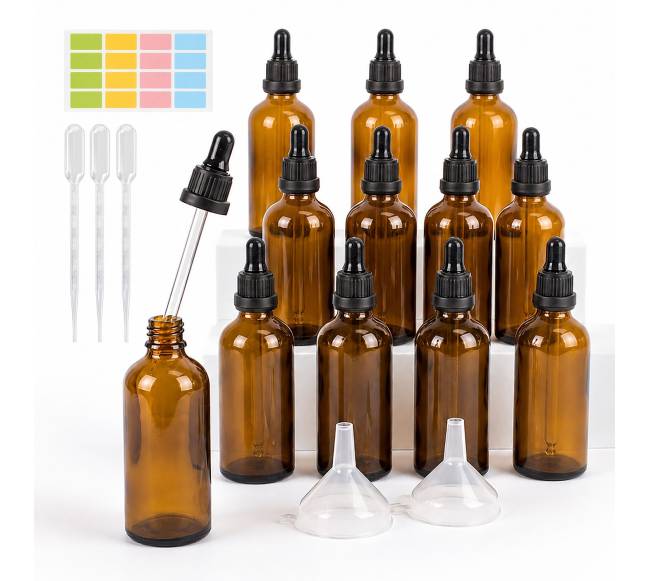 12 vnt. 100 ml gintaro spalvos lašintuvų buteliukų0
