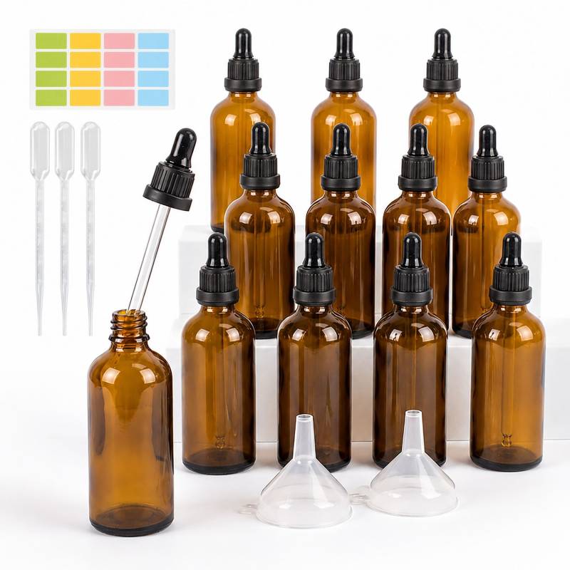 12 vnt. 100 ml gintaro spalvos lašintuvų buteliukų0