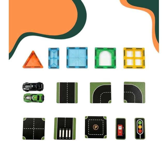 Magnetinių kaladėlių rinkinys: keliai ir automobiliai4